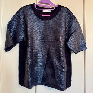 Tory Burch Merino Wool Textured Knit Sweater Navy Metallic Blue Size Large